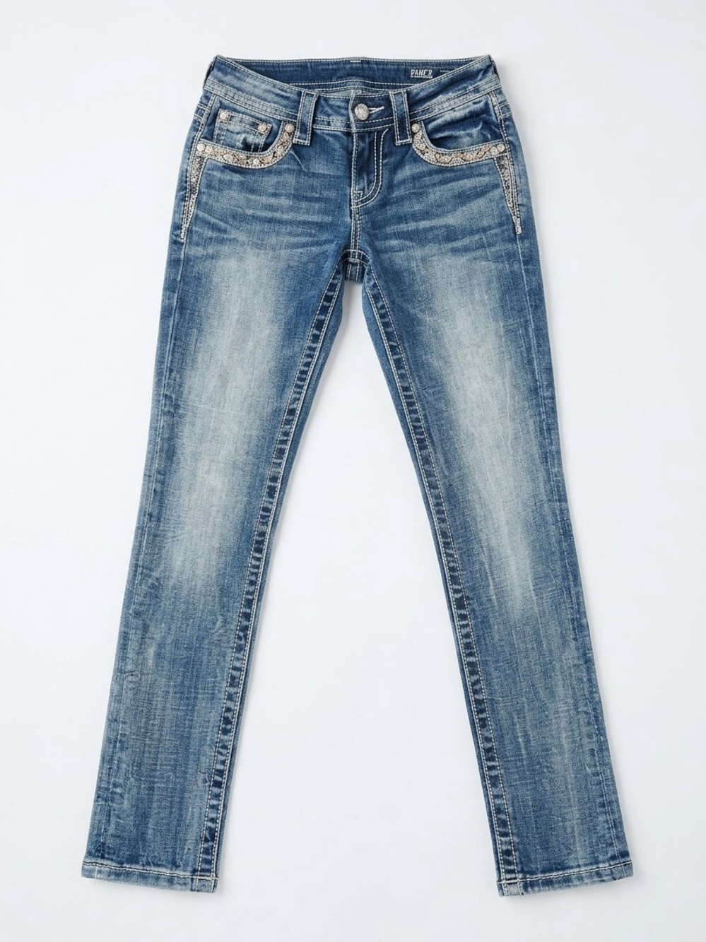 Miss Me Faded Blue Skinny Jeans with Rhinestone-Trim Pockets